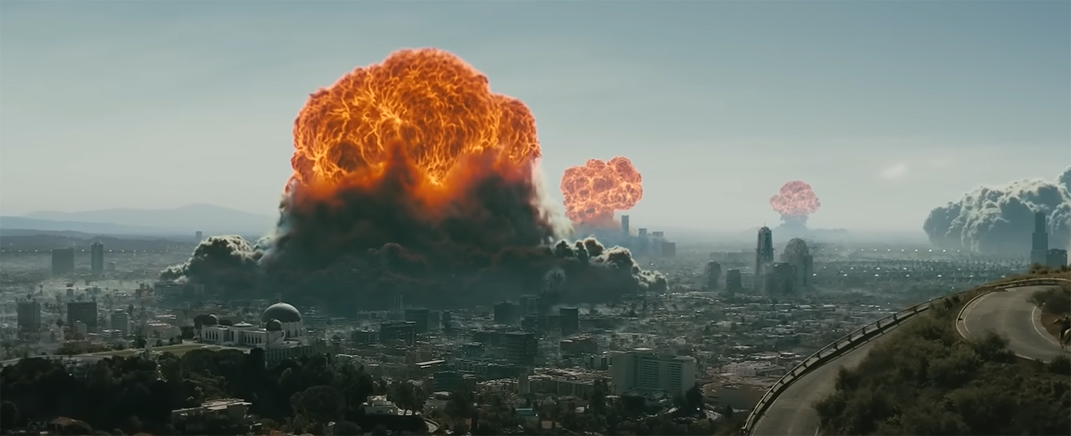 Nuclear bombs explode over Los Angeles.